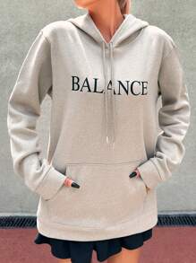 EURMUSE Letter Graphic Kangaroo Pocket Drawstring Hoodie - Beige - View 3