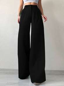 SHEIN Tall Women's Solid Color Wide Leg Suit Pants - Black - View 5