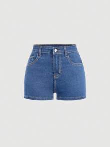 SHEIN 带口袋的 Tween 女童纯色牛仔短裤 - 淺色水洗藍 - 查看 1