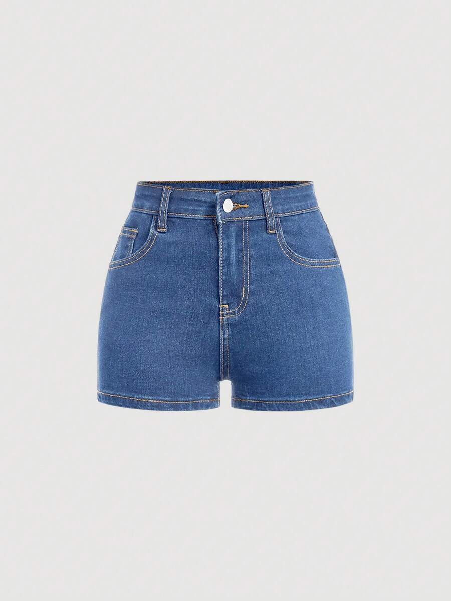 SHEIN 带口袋的 Tween 女童纯色牛仔短裤 - 淺色水洗藍 - 查看 1
