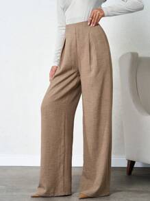 SHEIN Tall 100%Cotton Tall Women's Linen Beige Wide Leg Pants - Beige - View 5