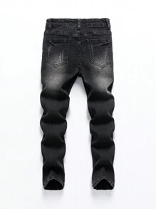 SHEIN Explorewe Tween Boys' Casual Modern Street Style Distressed Adjustable Waist 5-Pocket Stretchy Black Jeans, Versatile Fashion Year-Round, School, Campus, College Summer Holiday - Black - View 2