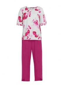 EMERY ROSE 2 件套女士花卉印花圆领短袖上衣和裤子休闲装 - 玫紅色 - 查看 4