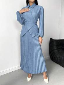 SHEIN Clasi Bộ 2 món cổ áo quấn quyến rũ thanh lịch, tay dài - Màu xanh lam - Xem 6