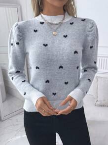 SHEIN Clasi Suéter de cuello redondo de manga larga con estampado de corazones
