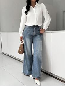 SHEIN Essnce 女士休闲时尚白色纯色泡泡袖休闲宽松衬衫长袖衬衫女衬衫亲子装衬衫工作女衬衫秋季衬衫文艺复兴衬衫商务休闲女衬衫秋季女装 - 白色 - 查看 6