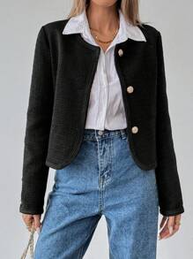 SHEIN Clasi Tweed Patchwork Woolen Coat For Women - Black - View 3