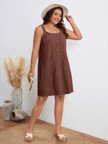 SHEIN LUNE Robe d'été casual à bretelle avec poche et bouton unique pour femmes grande taille - Tabac - Voir 6
