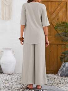 EMERY ROSE 2pcs Women Solid Color Simple Daily Short Sleeve Top And Long Pants Set - Grey - View 2