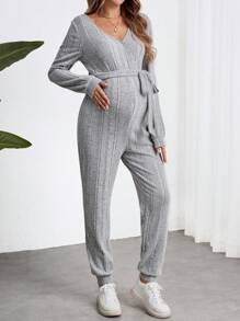 SHEIN Enterizo de manga larga de unicolor minimalista con cordón para embarazada, invierno - Gris - Ver 4