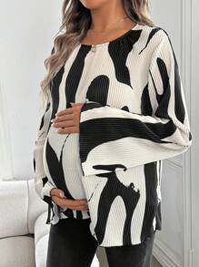 SHEIN Maternity Ripple Print Tie Back Long Sleeve Blouse , And White Blouse