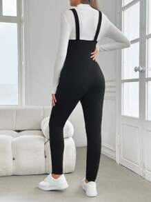 SHEIN Maternity Knitted Jumpsuit With Tie Up, Slim Fit Pregnancy Overalls - Black - View 2