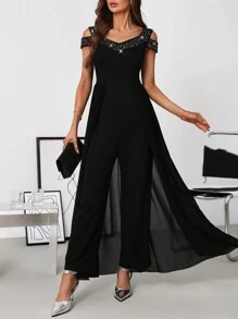 SHEIN Clasi Women's Elegant V-Neck Rhinestone Embellished Open Shoulder Flowy Mesh Jumpsuit Women Jumpsuits  Homecoming - Black - View 3