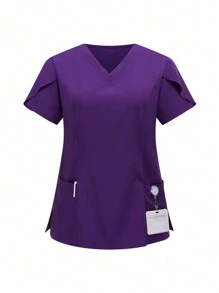 TaskEZ Plus Size Solid Color V-Neck With Pockets Short Sleeve Top And Pants Uniform Scrub Set - Purple - View 4