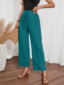 SHEIN LUNE Women's Denim Effect Lace-Up Flounce Side Pants - Green - View 3
