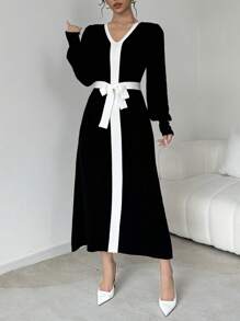 Elenzga Váy len dài tay thanh lịch cổ chữ V phối màu - màu đen - Xem 4