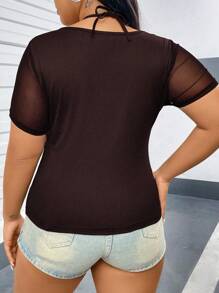 Flirla Camiseta elegante ajustada de talla grande con cuello de halter con cordón cruzado, manga corta y malla