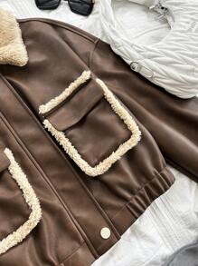 Soleia 女士休闲棕色 PU 皮革拼接毛领前开短款休闲夹克，休闲豹纹秋季夹克 - 棕色 - 查看 4