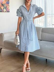 RueChic Embroidery  Detailed A Line  Shirt Dress - Blue and White - View 2