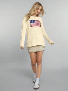 SHEIN EZwear 女士国旗图案圆领长袖毛衣 - 杏色 - 查看 4