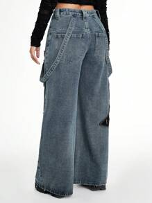 ROMWE Grunge Punk Women's Punk Distressed Washed Star Patch Loose Cargo Wide Leg Pants - Blue - View 4