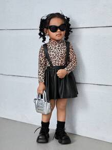 SHEIN Leap Crew Bộ 2 áo thun dài tay co giãn họa tiết da báo cho bé gái và váy có dây đeo, mùa thu - màu đen - Xem 3