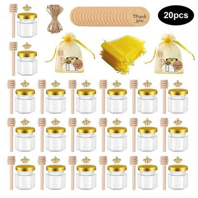 20pcs, 45ml Hexagon Glass Honey Jars, Mini Honey Pots, With Pendant, Rope, Golden Gift Bag, Golden Cap, Perfect For Weddings, Party Favors, Gifts,