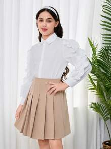 2 piezas Conjunto de blusa de manga larga con volante exagerado y falda plisada para niñas preadolescentes - Caqui - Ver 5