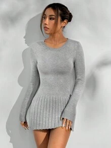 SHEIN Unity Women's Solid Round Neck Long Sleeve Casual Midi Dress, Autumn Winter - Grey - View 7