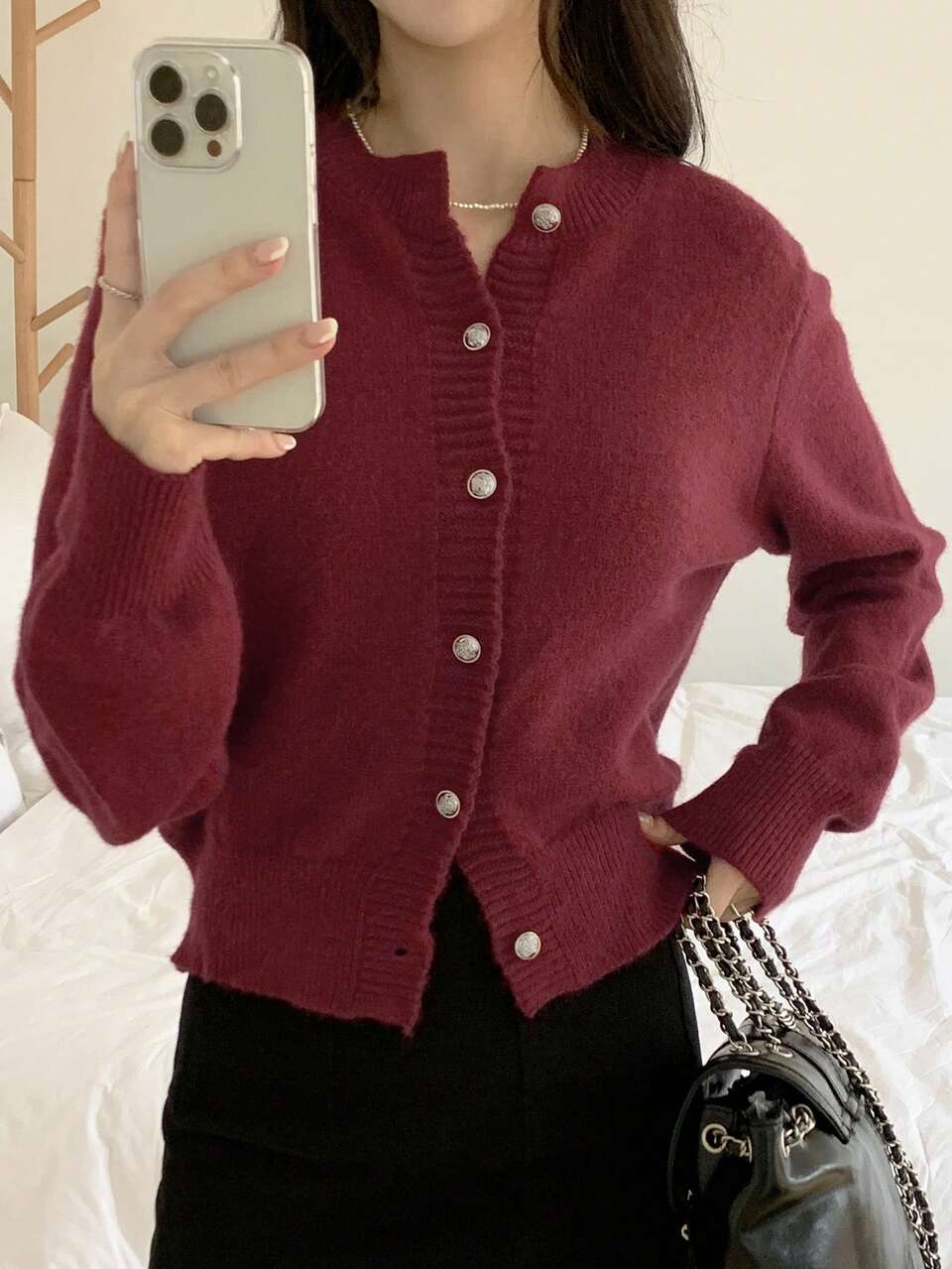 1pc Women's Elegant Burgundy Red Winter Cardigan,Old Money Style Round Neck Long Sleeve Button Regular Fit Cardigans For Brunch,Date,Casual Daily Wear
