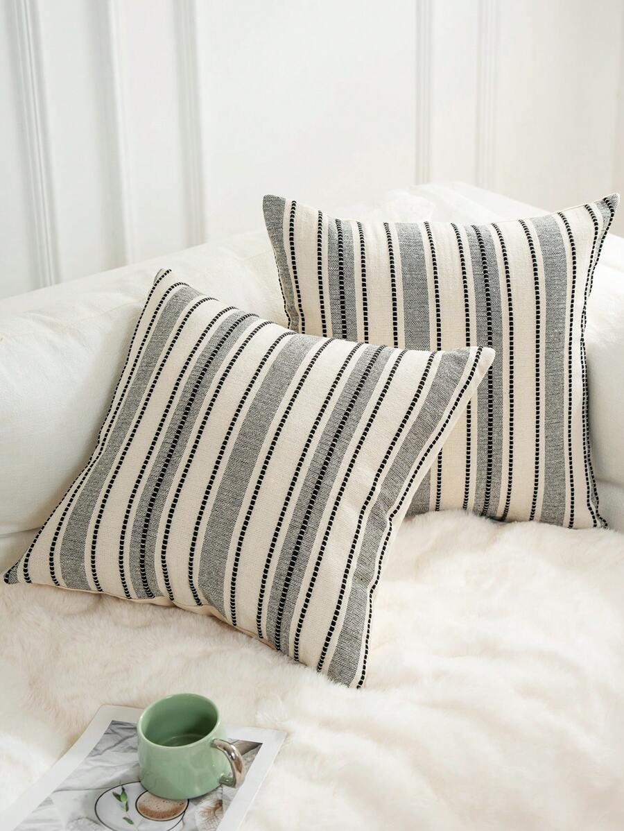 1pc Home Minimalist Wide Striped Decorative Pillow Cover,Fall Decor,Autumn Decor,Room Decor - Black - View 1