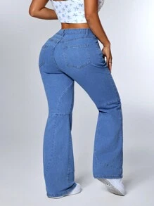 SHEIN ICON 女式休闲破洞修身喇叭牛仔裤 - 藍色 - 查看 2