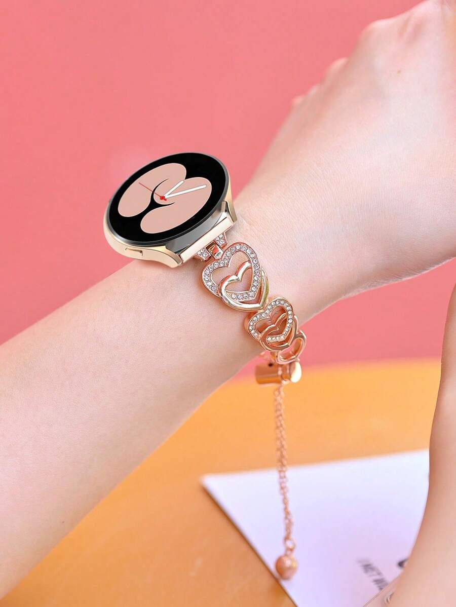 1 chiếc Dây đeo đồng hồ nữ hình trái tim đính đá trang trí, thời trang & sang trọng, tương thích với đồng hồ Samsung Galaxy Watch 20mm Dây đeo kim loại phổ thông Valentine - Hoa hồng vàng - Xem 1