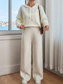 EURMUSE Bộ áo chui đầu trùm đầu trễ vai màu trơn cho nữ và quần len - trắng - Xem 2