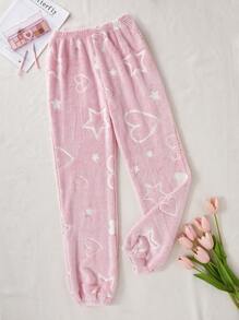 Women's Heart & Star Jacquard Fleece Fluffy Sleep Pants, Thick Winter, For Fall Winter, Cozy - Baby Pink - View 3