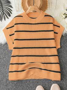 Calvaya Plus Size Women's Striped Short Sleeve Knit Top - Orange - View 1