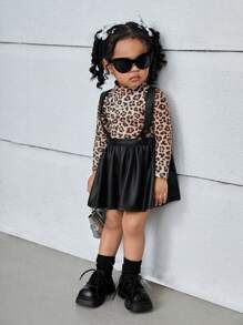 SHEIN Leap Crew Bộ 2 áo thun dài tay co giãn họa tiết da báo cho bé gái và váy có dây đeo, mùa thu - màu đen - Xem 6