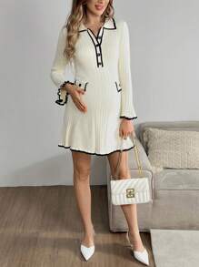 SHEIN Maternity Colorblock Ribbed Trim Front Button Elegant Long Sleeve Sweater, For Winter