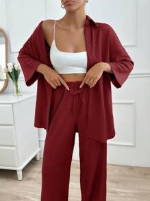 EURMUSE Two Pieces Pant And Top - Burgundy - View 4