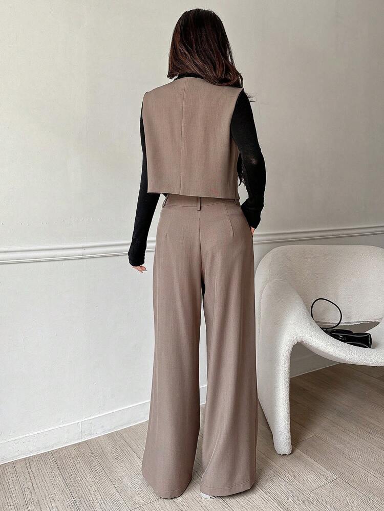 2pcs Women's Solid V-Neck Single Breasted Vest & Wide Leg Pants Casual Suit,Fall Clothes,Back To School Clothes