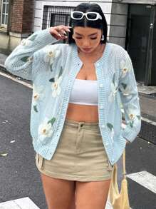 Flirla Áo len cardigan dài tay khoét lỗ họa tiết hoa cỡ lớn cho nữ, mùa thu/đông - Nhiều màu - Xem 7