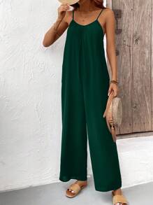 Breezaya Mono informal con tirantes espagueti plisados, escote en V y pantalones anchos rectos
