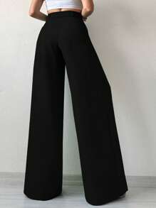 SHEIN Tall Women's Solid Color Wide Leg Suit Pants - Black - View 2