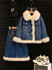 2 chiếc áo khoác dài tay cổ lông phối màu cho bé gái và váy thường ngày, mùa thu đông - Màu xanh hải quân - Xem 1