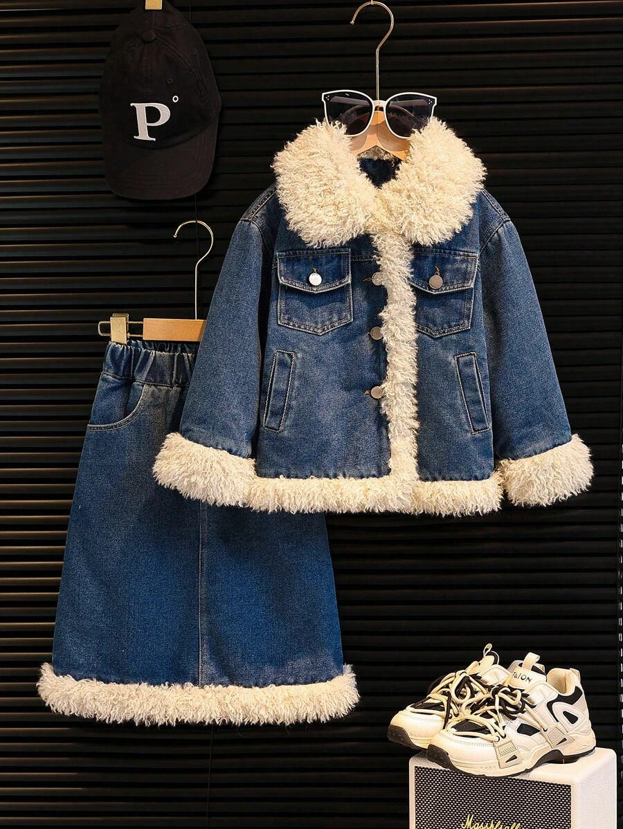 2 chiếc áo khoác dài tay cổ lông phối màu cho bé gái và váy thường ngày, mùa thu đông - Màu xanh hải quân - Xem 1