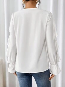 Selianne V 领纯色荷叶边前扣休闲长袖衬衫 - 白色 - 查看 2