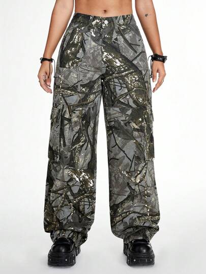 Grunge Punk Street Style Loose Straight Wide Leg Woven Plant Printed Women's Jeans