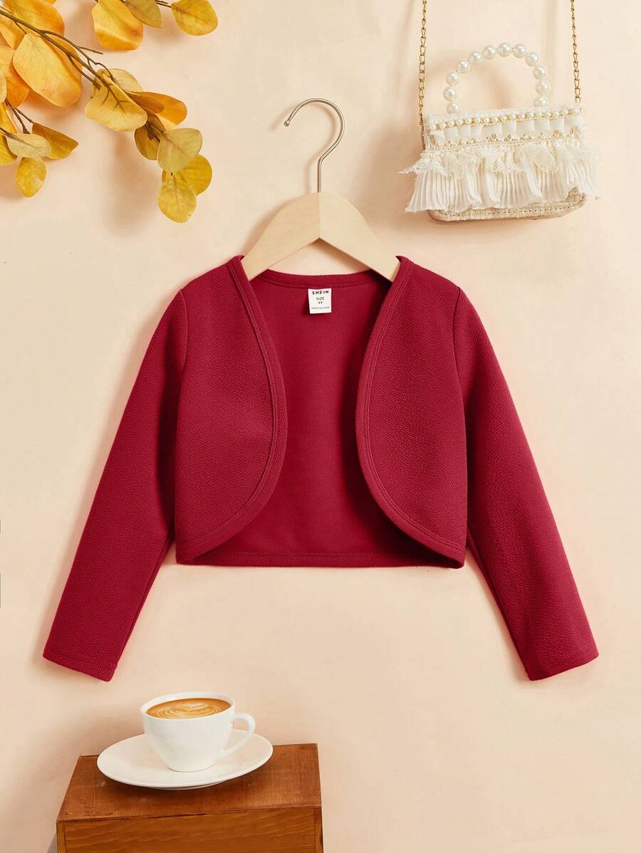 SHEIN Chaqueta de punto de manga larga de unicolor con abertura frontal para niña joven - Burdeos - Ver 1