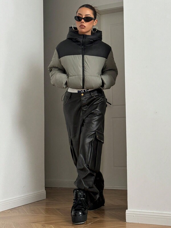 StreetHx Contrast Color Hooded Padded Padded Coat, Short & Lightweight Winter Clothes