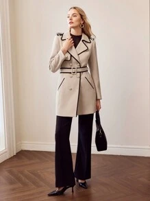 MOTF PREMIUM 撞色绑带扣腰带双排扣风衣 - 卡其色 - 查看 7